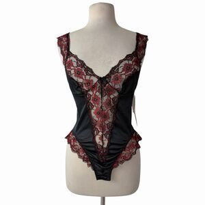 Vtg 80s Vampy Goth Black Satin & Red Floral Lace High Leg Bodysuit Teddy Small